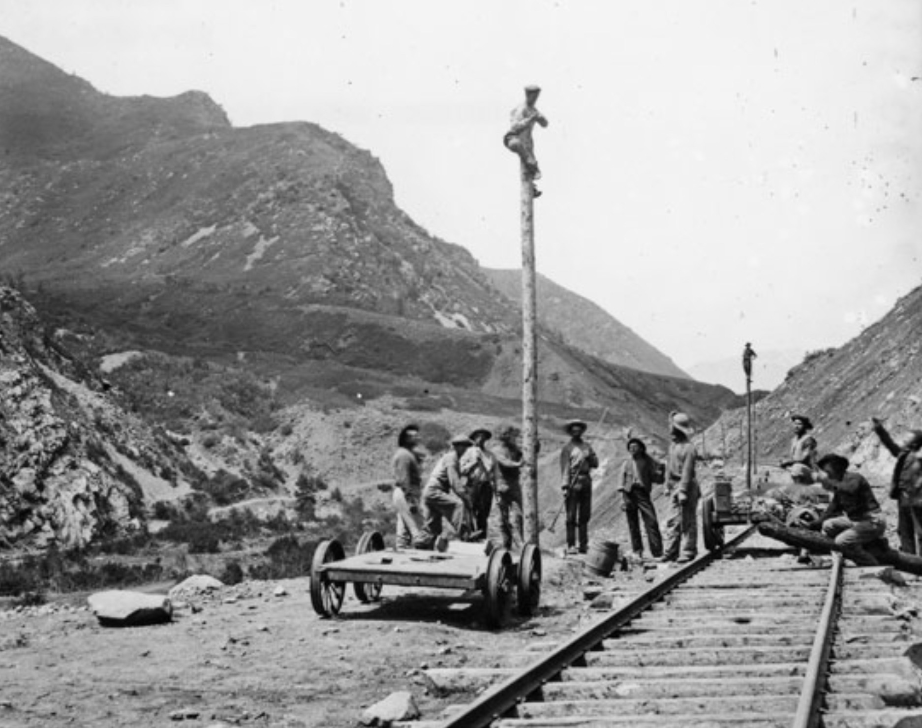 Telegraph corps at work, Weber Canyon, Utah. 